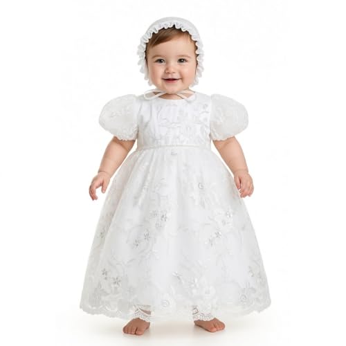 Image of Cinda Baby Girls Lace Christening Gown Party Dress with Bonnet Off White 18-24 Months