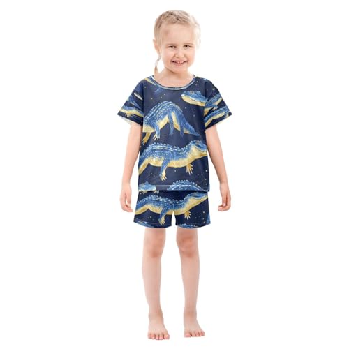 Pajama Sets Short Sleeve Blue Crocodile Pattern Print Soft Cotton Summer Sleepwear 2 Piece PJS Size 5-14T4