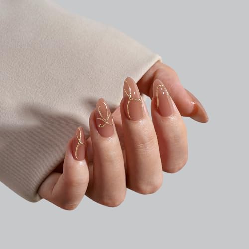 BTArtbox Press On Nails Almond - Press On nails with 3D Gold Lines Design, Medium Glue On Nails with Nail Glue, Gold Swirl Stick On Nails in 15 Sizes, Radiant Ribbons