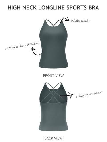 Image of LASLULU Womens High Neck Workout Tank Tops with Built in Bra Strappy Back | Low to Medium Impact,Longline Halter Neck Sports Bra,Fitted Compression,Padded Athletic Yoga Running Gym Pilates Tank Tops
