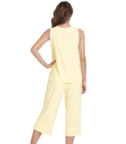 Image of NACHILA Pajamas Set for Women-Viscose Made from Bamboo, Tank Top with Capri Pants Pajama Cool Sleepwear Sleeveless Pjs