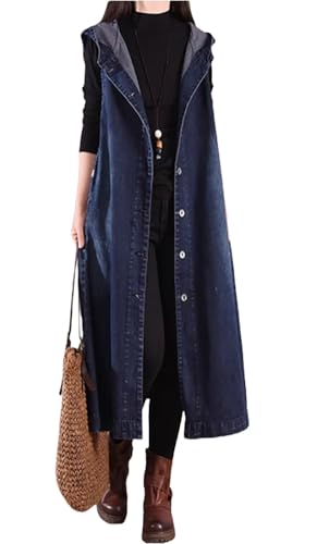Long Denim Vest for Women Sleeveless Jeans Jacket Hooded with Pockets Wide Hem Loose Casual