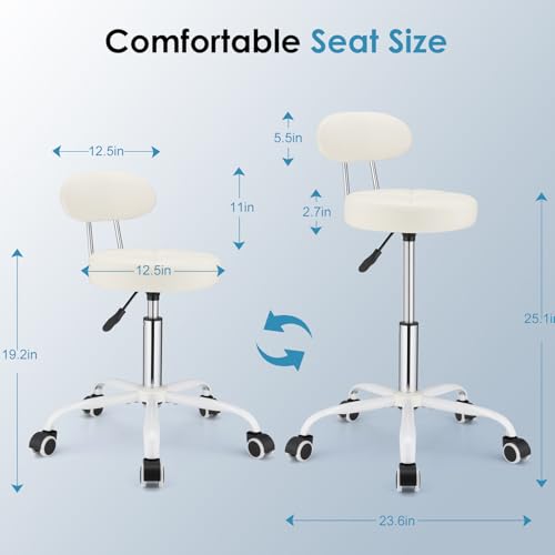 Image of PU Leather Rolling Stool with Back Support, White
