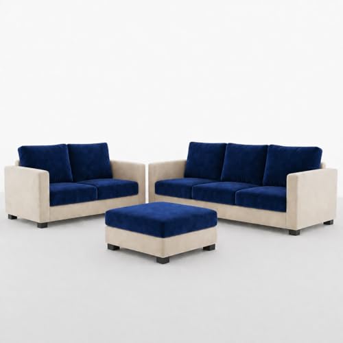 Image of FURNY Haster 3 Seater + 2 Seater Fabric Sofa Set with 1 Ottoman (Dark Blue-Cream) with Velvet Finish | Durable Comfort | Ideal for Living Room