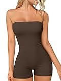 OQQ Womens Tube Rompers Summer Strapless Basic Sleeveless Ruched Stretch Classic-Fit Sexy Rompers 2025 Darkbrown