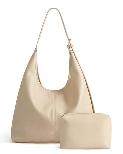 Missnine Hobo Bags Purses for Women, Soft Shoulder bag Vegan Leather Tote Crossbody Purse Ladies Slouchy Handbag with Pouch, Beige