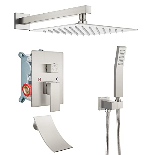 Airuida Duschsystem aus gebürstetem Nickel, 3 Funktionen, Mischbatterie mit Wasserfall-Wannen-Auslauf, 25,4 cm, Wandmontage, Regenduschkopf, Handbrause, Grobventil im Lieferumfang enthalten Cover
