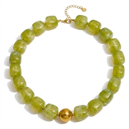 Mchic Green Beaded Choker Necklace for Women: Adjustable Boho Chunky Green Beads Strand Necklace Acrylic Square Bead Jewelry Summer Beach Vibe Handmade Stainless Steel Necklace Gift