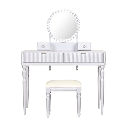 Image of JIVOIT Vanity Desk with Round Mirror, Height-Adjustable, Luxury Vanity Set with Stool, Comfortable Seating, Stylish Dressing Table Set with 4 Drawers & Spacious Tabletop (Silver /268)