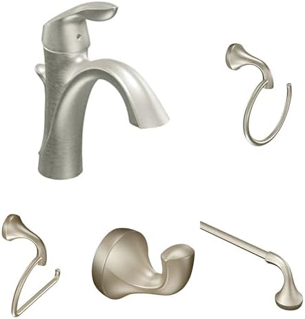 Moen Eva Brushed Nickel Bathroom Set - Single Handle Faucet with 24-Inch Towel Bar, Hand Towel Ring, Robe Hook, and Toilet Paper Holder