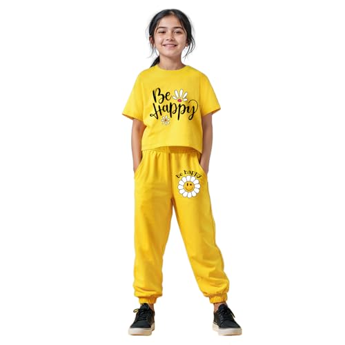 Image of Trampoline Girls Printed Co-Ord Set | Half Sleeve T-Shirt & Jogger Trackpant Set | Casual Wear Lounge Wear Outfit for Girls