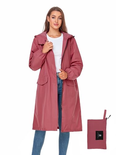 Womens Long Hooded Rain Jacket Waterproof Lightweight Raincoat Windbreaker Pink Large