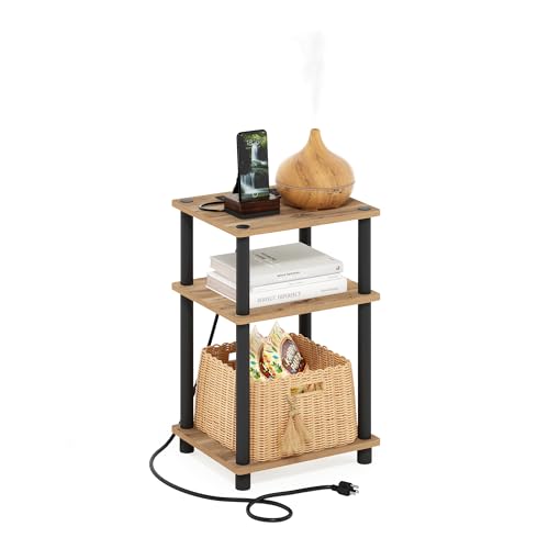 Image of Furinno Just 3-Tier Turn-N-Tube USB and Type-C Charging Port End Table with Open Storage, 11.42 (W) x 8.82 (H) x 6.77 (D) inches, Flagstaff Oak /Black
