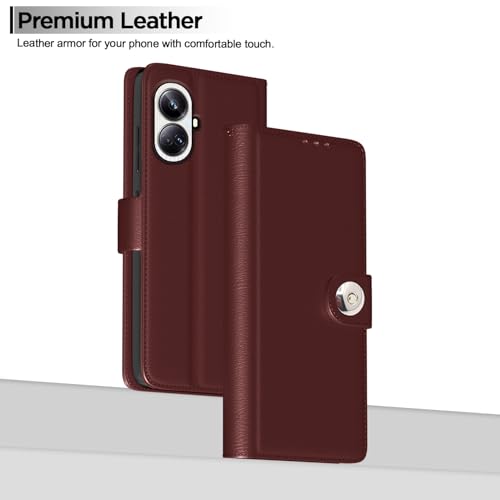 Image of Pikkme Flip Cover Leather Finish | Inside TPU with Card Pockets | Wallet Stand and Shock Proof | Complete Protection Button Flip Case for Realme 10 Pro Plus 5G (Brown)