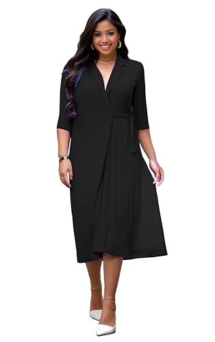 Image of Hostoyo Plus Size Wrap Dress Elegant Pleated Formal Midi Dresses Suit Collar 3 /4 Sleeve Belted Casual Church Outdoor Office