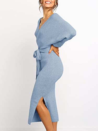 Image of Chang Yun Women's Long Maxi Sweater Dresses Sexy Wrap Batwing V Neck Slit Open Back Holiday Bodycon Dress with Belt