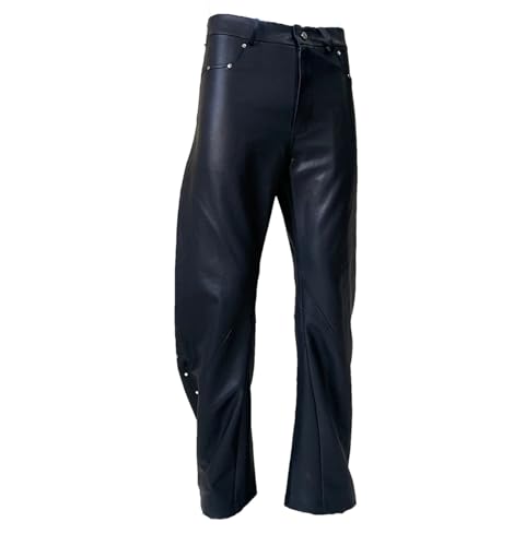 Men's Black Coating Pu Leather Twisted High Waist Rivet Punk Style Rock Fashion Slim Fit Trousers