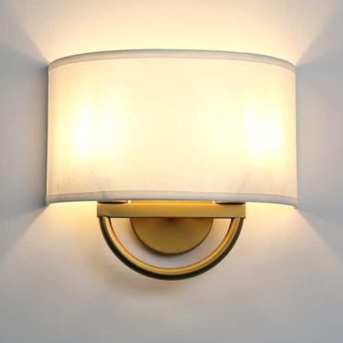 Image of Industrial 2-Lights Wall Sconce Fixture with White Fabric Shade, Double Arm Wall Light Lamps Decor for Hallway Bedroom Living Room Bathroom Stairway