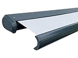 MATERIAL: Die Kassette besteht aus einem hochwertigen Aluminium Rahmen. In Kombination mit Polyester in der Farbe Anthrazit ist die Markise auf langlebigkeit ausgelegt.