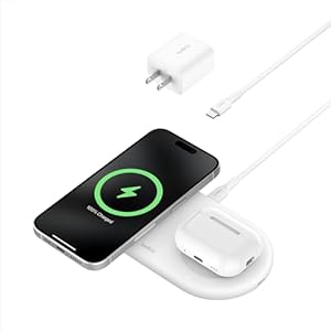 Belkin 2-in-1 Wireless Charging Pad w/ Qi2 15W + Additional USB-C Port – MagSafe-Compatible Charger, Charging Station for iPhone 16 & 15 Series, Samsung Galaxy S25 Series, AirPods, & More – White