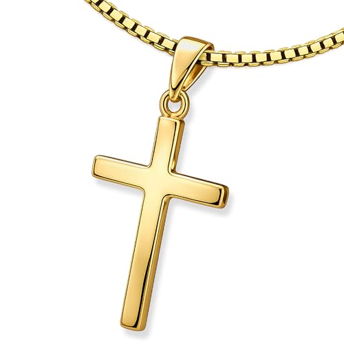 CLEVER SCHMUCK Parure de bijoux avec petit pendentif croix sobre et brillant en or 375 9 carats avec chaîne gourmette plaquée or de 42 cm.