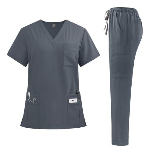 niaahinn Scrubs for Women Set - Stretch Scrub Top & Cargo Pants with Multi Pocket (Gray, Small)