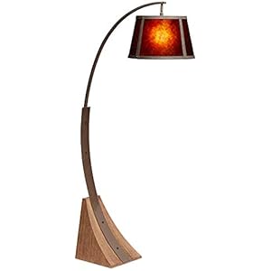 Franklin iron works oak river rustic farmhouse mission arc floor lamp standing 66 12 tall dark rust natural wood amber mica drum shade for living room reading bedroom office house home decor  urban country home decor