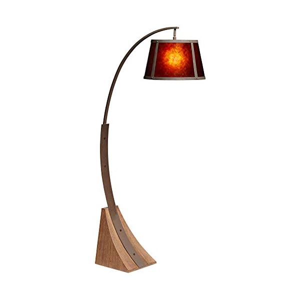 Franklin iron works oak river rustic farmhouse mission arc floor lamp standing 66 12 tall dark rust natural wood amber mica drum shade for living room reading bedroom office house home decor  urban country home decor