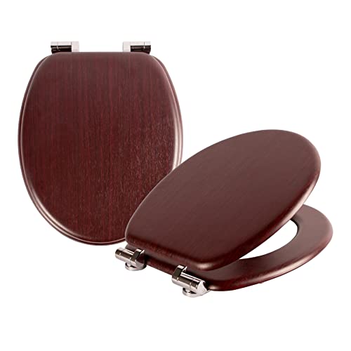 Harbour Housewares Soft Close Toilet Seats - Mahogany - Pack of 2 - Oval-Shaped Wooden Toilet Seat Antibacterial Loo Lid with Universal Chrome Hinges, Fixings & Fittings option