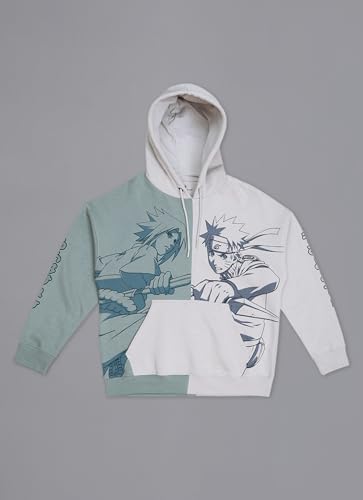Image of Free Authority Official Naruto & Sasuke Anime Printed Off White & Green Oversized Hoodie for Men