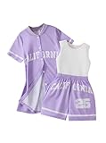 Hilinker Girls 3 Piece Outfits Graphic Tank and Short Sleeve Cardigan with Shorts Set Purple White CALIFORNIA 9-10 Year