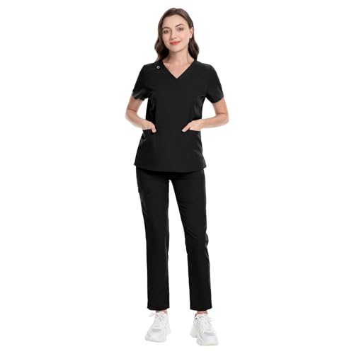 niaahinn Scrubs for Women Set Classic V-Neck Top & Yoga Cargo Pant, Anti-wrinkle, Quality (Black,L)