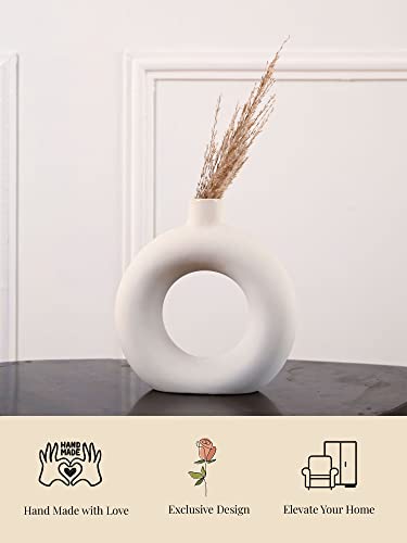 Image of PUREZENTO Ceramic White Donut Vase 8 Inch - Pack of 1 | Decorative Donut Vase for Dried Flowers and Pampas Grass | Vases for Modern Home Decor, Living Room, Office Decor Ideas