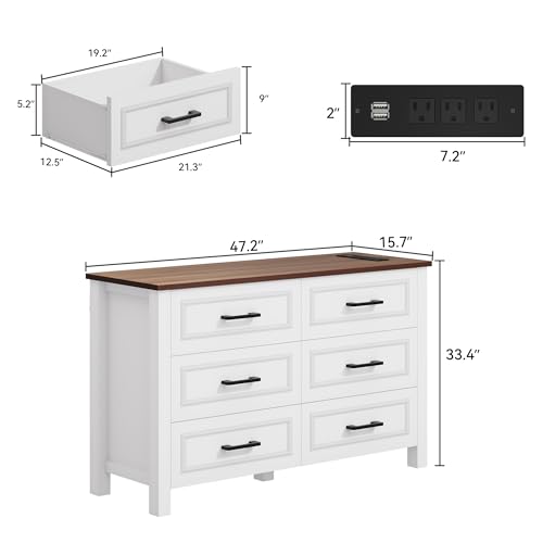 DWVO Farmhouse Wooden Dresser TV Stand with Power Outlet, 6-Drawer Dresser with Large Storage Drawers and Bar Handles, Ideal for Living Room, Hallway, 47.2" L x 15.7" W x 33.4" H - White & Walnut