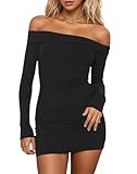 HYPERFIRE Women's Sexy Elegant Off The Shoulder Long Sleeve Dress Ribbed Party Mini Dresses Black Large