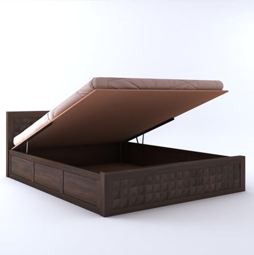 Image of Sheesham Wood Queen Size Bed with Hydraulic Box Storage and Headboard | Durable Wooden Double Bed Cot Palang Furniture for Bedroom, Living Room, Guest Room, Hotel and Home (Walnut Finish)