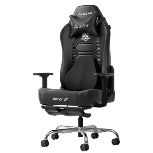 AutoFull Silla Gaming Silla Gamer Ergonómica Silla de Oficina Cuero de PU Silla de Escritorio,Altura e inclinación Ajustables,Reposacabezas y Soporte Lumbar,Reposapiés,Negro