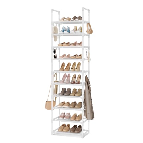 VTRIN 10 Tiers Tall Shoe Rack Holds 20-25 Pairs of Shoes Sturdy Vertical Shoe Organizer with 18pcs Hooks Stackable Narrow Shoe Rack for Closet, Entryway White