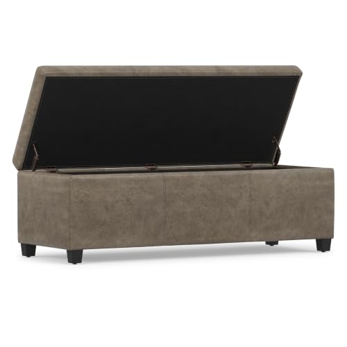 Image of SIMPLIHOME Avalon 48 inch Wide Vegan Leather Storage Ottoman in Grey Brown