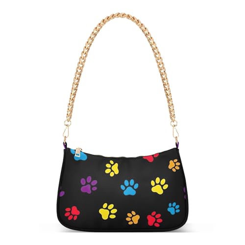 Multicolored Dog Paw Prints Black Handbag Medium Womens One Shoulder Purses Hobo Party Purse Zipper Closure Chain Strap