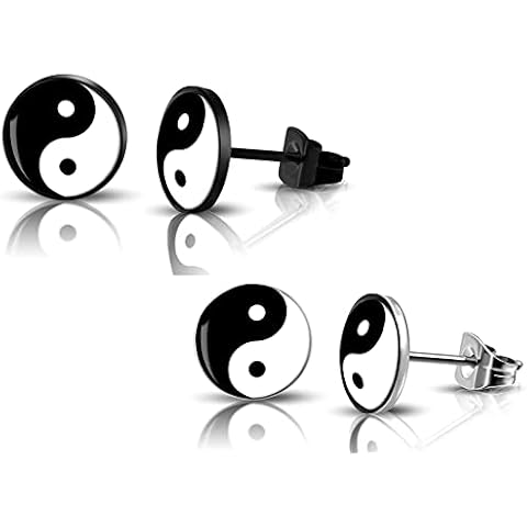 SIISPRI 316L Surgical Stainless Steel Yin Yang Round Circle Button Stud Post Earrings 10MM (black+silver) Cover