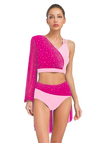 [Sxiwei] Women Lyrical Dance Costume Rhinestone Crop Top With Skirted Briefs Contemporary Dancewear 2pcs Outfits sN L