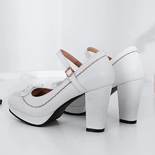 Fashion Women Chunky High Heels Bow Pumps Block Heel Mary Janes Platform Round Toe Pumps3