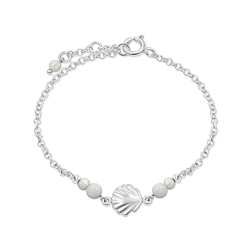 Adita Gold 925 Sterling Silver White Opal Bracelets For Women - 3Mm Round Beads With Sea Shell Sterling Silver Charm cover