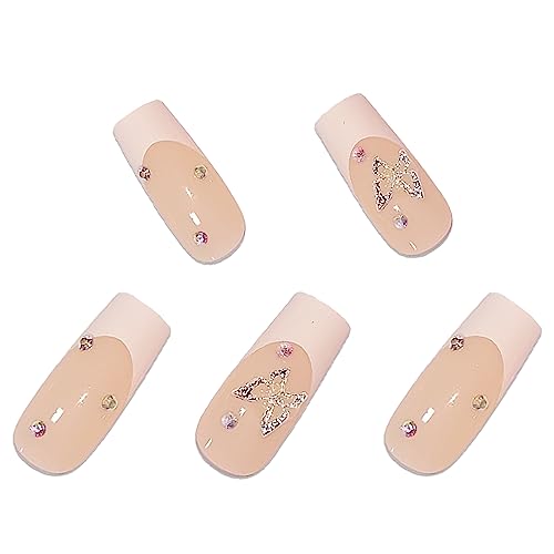 Babalal BBCRJ1168 Square Press On Nails Medium Fake Nails White French Tip Acrylic Nails 3D Butterfly Rhinestone False Nails 24Pcs Ballerina Nails thumb #1