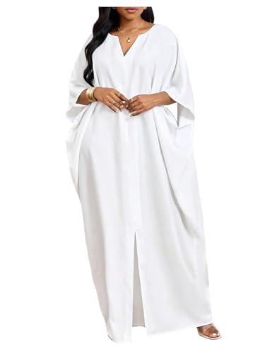 OYOANGLE Womens Plus Size Solid Color Cutout Slit Caftans Kaftan Dresses Loungewear Sleeves Maxi Dress White XX-Large Plus