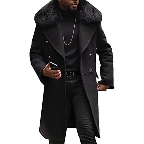 Maiyifu-GJ Men's Removable Faux Fur Collar Overcoat Winter Wool Blend Trench Coat Double Breasted Business Long Pea Jacket (Black,3X-Large) Cover