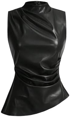 SHENHE Women's Mock Neck PU Leather Pleated Asymmetrical Sleevele...