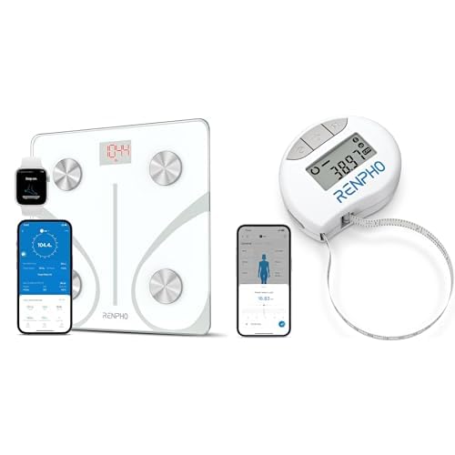 RENPHO Smart Balance Pese Personne and Mettre Ruban Corps, Balance numérique Bluetooth avec ruban à mesurer pour la mesure du corps, la prise de masse musculaire, cadeaux, 400 lbs, pouces/cm