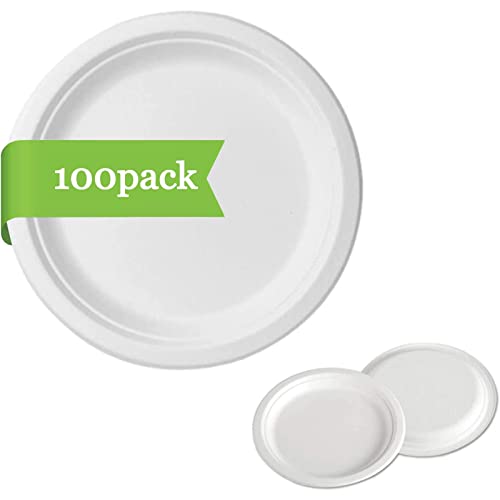 Atojrro Disposable Paper Plates, Heavy-Duty Disposable Plates Compostable Paper Plates [100 Pcs] Natural Disposable Bagasse Plates White Disposable Dessert Tray Biodegradable Dinner Plates 7 Inch #TOP19